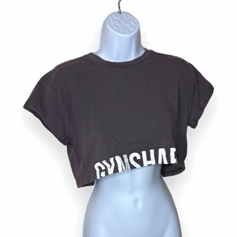Gymshark Fraction Boxy Cropped Graphic Tee Sz S Slate Grey